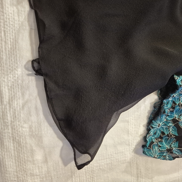 Silkland 2X 100% Silk Black & teal flutter sleeve  embroidered lined blouse EUC - Picture 4 of 8